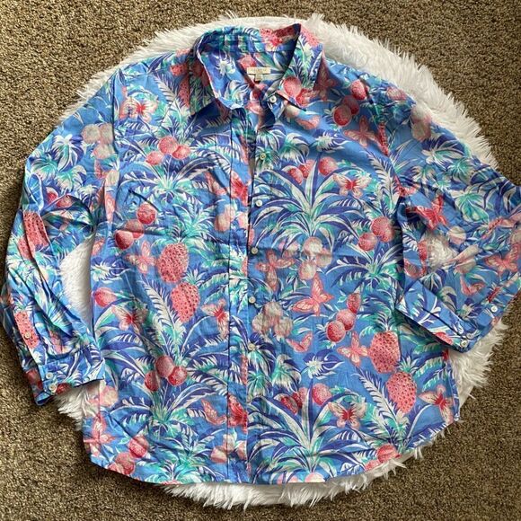 Talbots Floral Pineapple Button Down Top Cotton Womens Size XL Petite - Picture 1 of 9